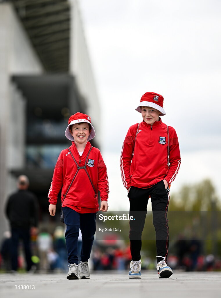 26 April 2026; Cork supporters Tadhg, age nine, and Cathal Browne, age 11, from Banteer, Cork, before the Munster GAA Senior Hurling Championship Round 2 match between Cork and Limerick at SuperValu Páirc Uí Chaoimh in Cork. Photo by Seb Daly/Sportsfile