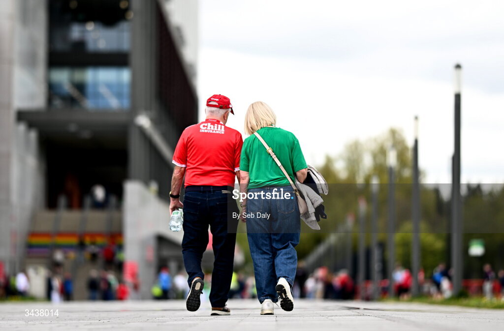 26 April 2026; Cork supporter Joe Young, with his wife and Limerick supporter Nuala, from Kilfinane, Limerick, before the Munster GAA Senior Hurling Championship Round 2 match between Cork and Limerick at SuperValu Páirc Uí Chaoimh in Cork. Photo by Seb Daly/Sportsfile