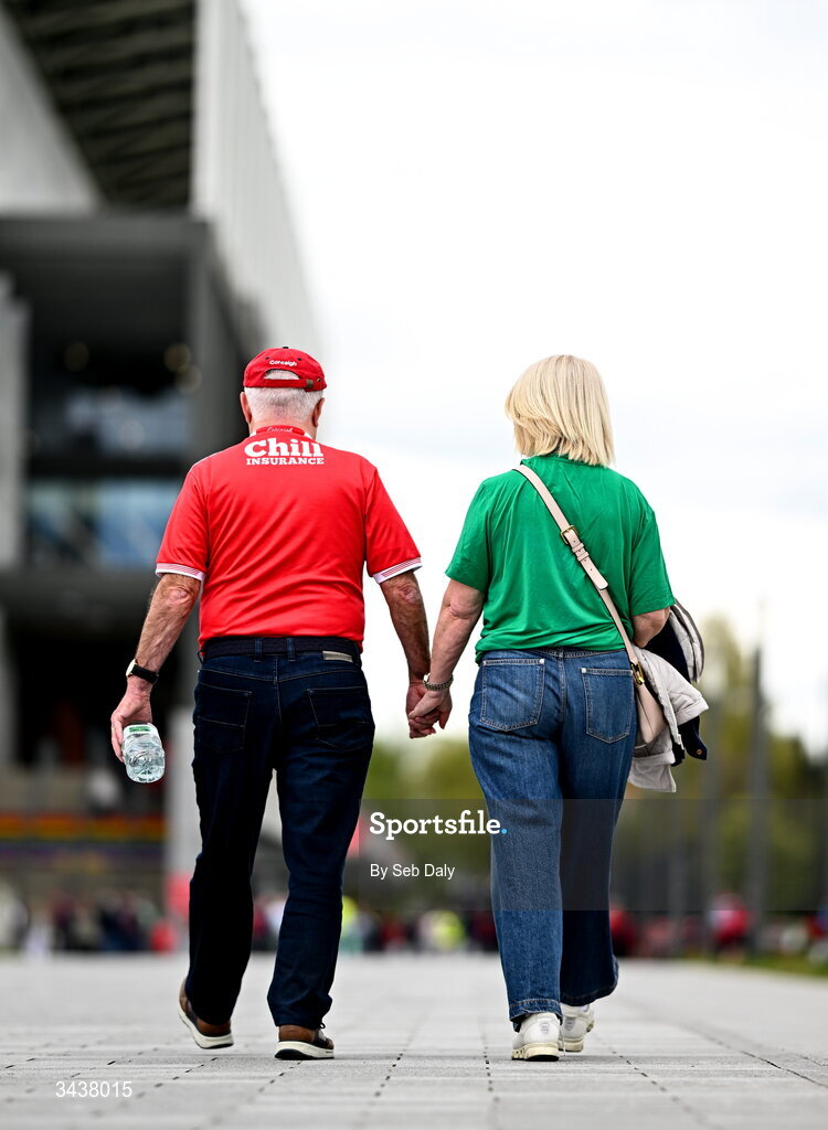 26 April 2026; Cork supporter Joe Young, with his wife and Limerick supporter Nuala, from Kilfinane, Limerick, before the Munster GAA Senior Hurling Championship Round 2 match between Cork and Limerick at SuperValu Páirc Uí Chaoimh in Cork. Photo by Seb Daly/Sportsfile