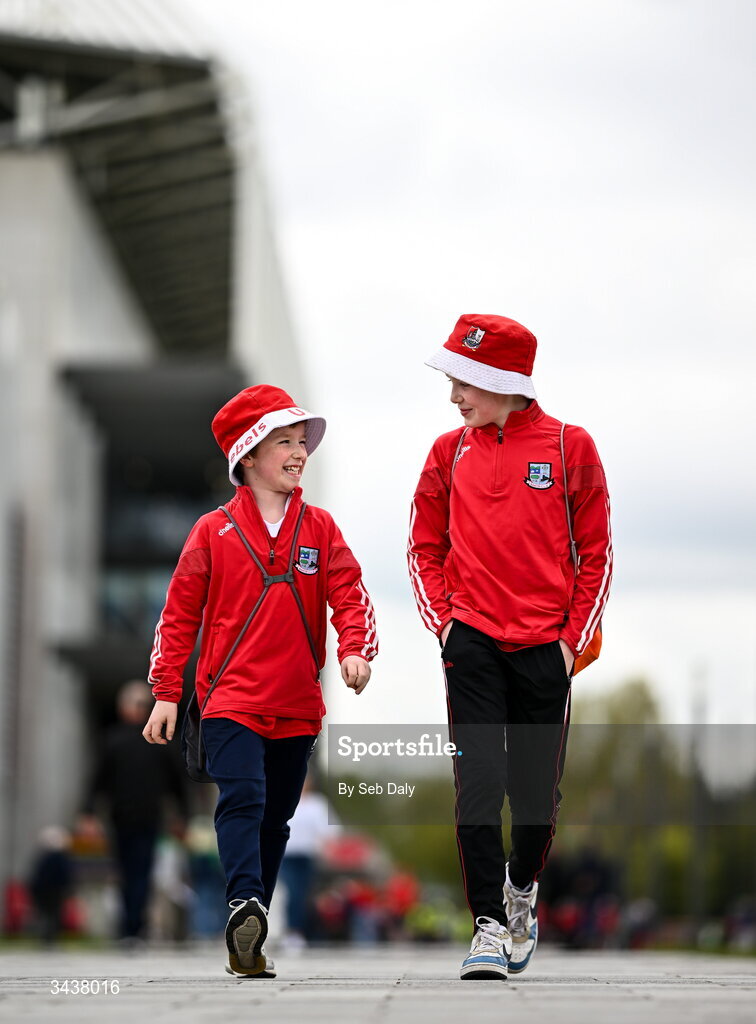26 April 2026; Cork supporters Tadhg, age nine, and Cathal Browne, age 11, from Banteer, Cork, before the Munster GAA Senior Hurling Championship Round 2 match between Cork and Limerick at SuperValu Páirc Uí Chaoimh in Cork. Photo by Seb Daly/Sportsfile