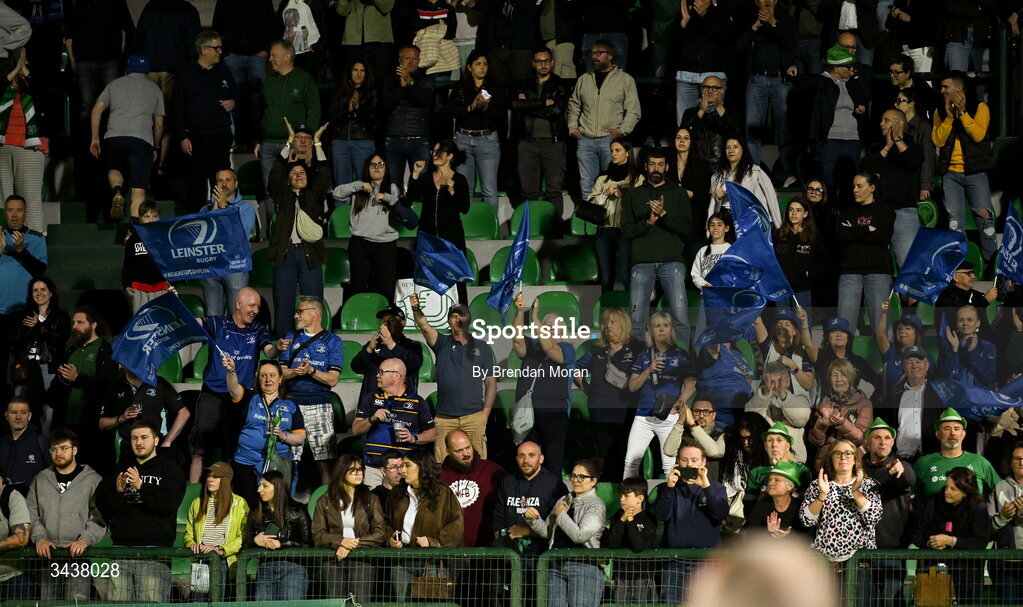 25 April 2026; Leinster supporters cheer their team after the United Rugby Championship match between Benetton and Leinster at Stadio Monigo in Treviso, Italy. Photo by Brendan Moran/Sportsfile