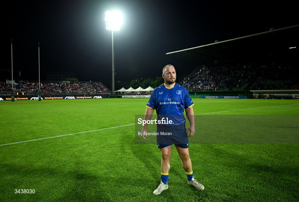 25 April 2026; Ed Byrne of Leinster before the United Rugby Championship match between Benetton and Leinster at Stadio Monigo in Treviso, Italy. Photo by Brendan Moran/Sportsfile