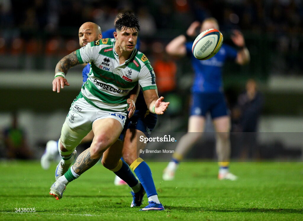 25 April 2026; Tommaso Menoncello of Benetton in action against Jamison Gibson-Park of Leinster during the United Rugby Championship match between Benetton and Leinster at Stadio Monigo in Treviso, Italy. Photo by Brendan Moran/Sportsfile