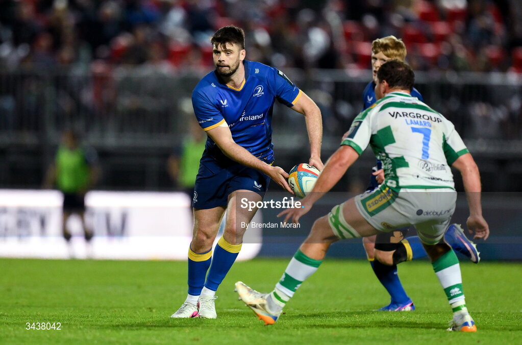 25 April 2026; Harry Byrne of Leinster in action against Michele Lamaro of Benetton during the United Rugby Championship match between Benetton and Leinster at Stadio Monigo in Treviso, Italy. Photo by Brendan Moran/Sportsfile