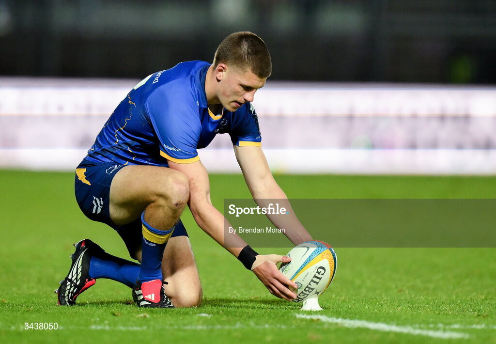 25 April 2026; Sam Prendergast of Leinster prepares to kick a conversion during the United Rugby Championship match between Benetton and Leinster at Stadio Monigo in Treviso, Italy. Photo by Brendan Moran/Sportsfile