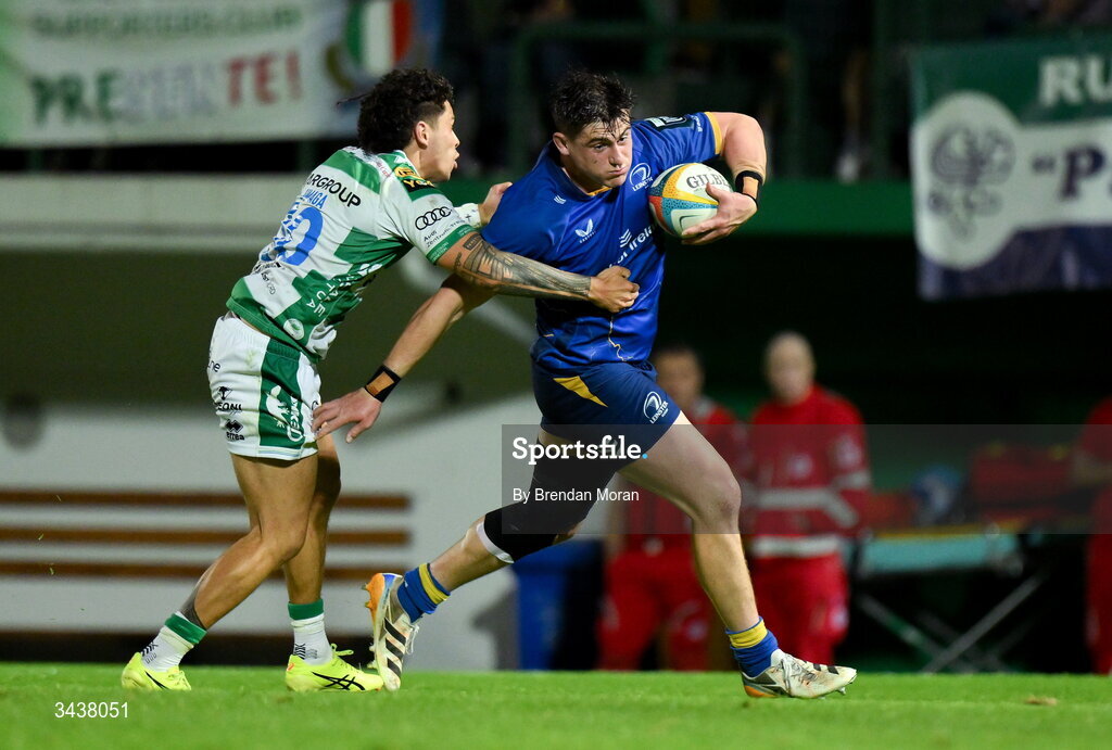 25 April 2026; Dan Sheehan of Leinster is tackled by Harry Byrne of Leinster during the United Rugby Championship match between Benetton and Leinster at Stadio Monigo in Treviso, Italy. Photo by Brendan Moran/Sportsfile