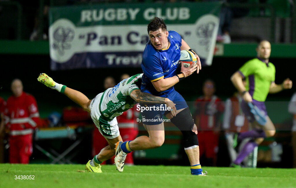 25 April 2026; Dan Sheehan of Leinster is tackled by Harry Byrne of Leinster during the United Rugby Championship match between Benetton and Leinster at Stadio Monigo in Treviso, Italy. Photo by Brendan Moran/Sportsfile