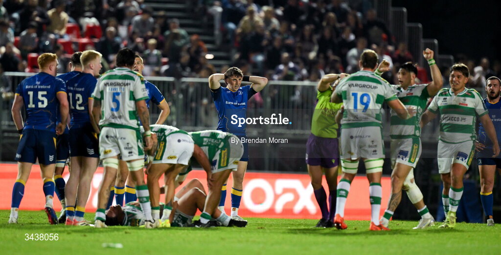 25 April 2026; Charlie Tector of Leinster, centre, reacts as Benetton are awarded a late penalty during the United Rugby Championship match between Benetton and Leinster at Stadio Monigo in Treviso, Italy. Photo by Brendan Moran/Sportsfile