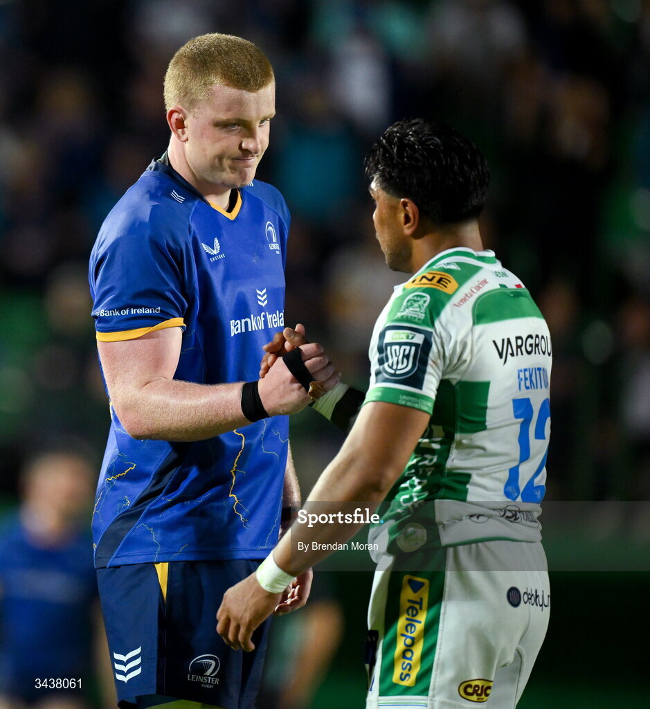25 April 2026; Conor O'Tighearnaigh of Leinster, left, and Malakai Fekitoa of Benetton after after the United Rugby Championship match between Benetton and Leinster at Stadio Monigo in Treviso, Italy. Photo by Brendan Moran/Sportsfile