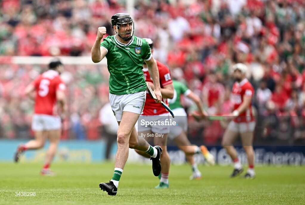 26 April 2026; Diarmaid Byrnes of Limerick celebrates scoring the first point of the match during the Munster GAA Senior Hurling Championship Round 2 match between Cork and Limerick at SuperValu Páirc Uí Chaoimh in Cork. Photo by Seb Daly/Sportsfile