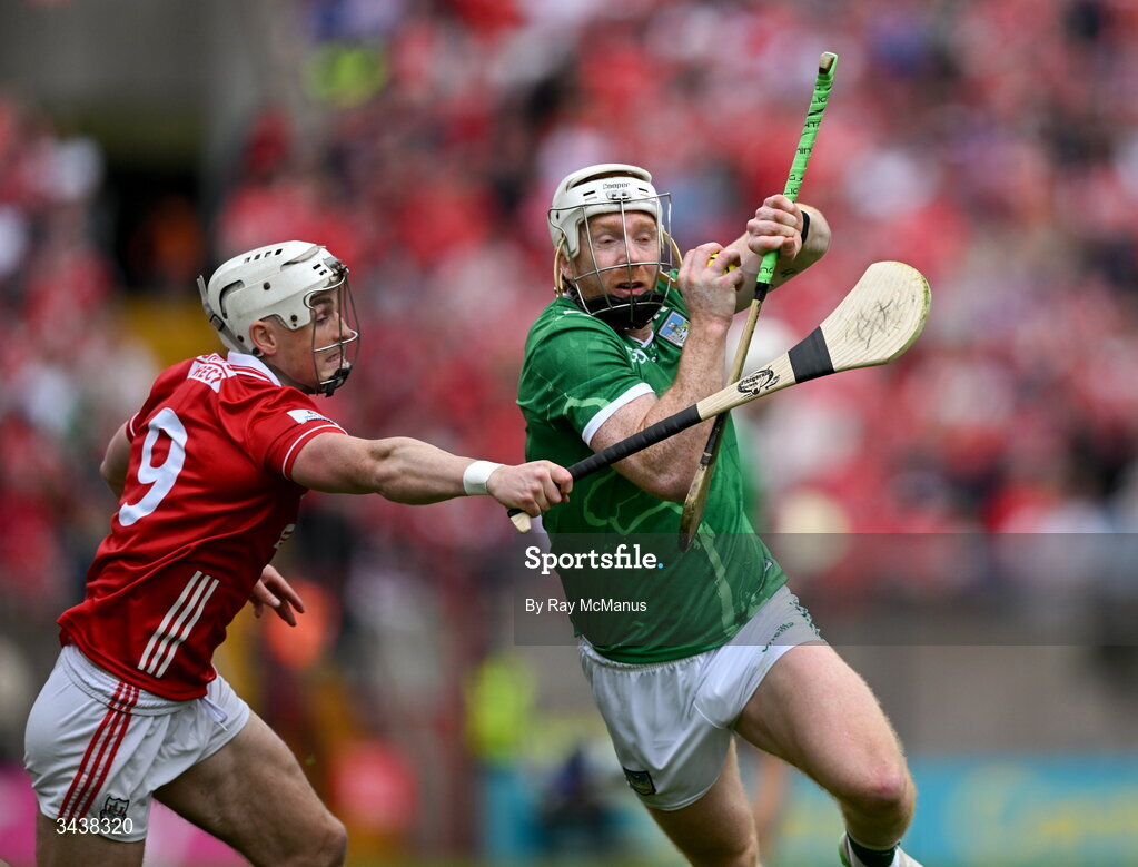 26 April 2026; Cian Lynch of Limerick is tackled by Tommy O'Connell of Cork during the Munster GAA Senior Hurling Championship Round 2 match between Cork and Limerick at SuperValu Páirc Uí Chaoimh in Cork. Photo by Ray McManus/Sportsfile