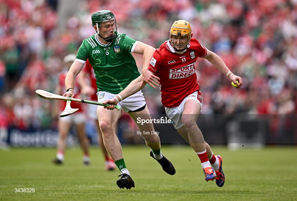 26 April 2026; Shane Barrett of Cork in action against William O'Donoghue of Limerick during the Munster GAA Senior Hurling Championship Round 2 match between Cork and Limerick at SuperValu Páirc Uí Chaoimh in Cork. Photo by Seb Daly/Sportsfile
