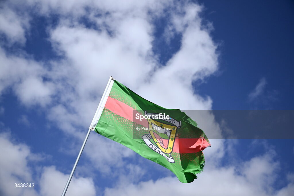 26 April 2026; A Mayo flag flying inside the ground before the Connacht GAA Football Senior Championship semi-final match between Mayo and Roscommon at Hastings Insurance MacHale Park in Castlebar, Mayo. Photo by Piaras Ó Mídheach/Sportsfile