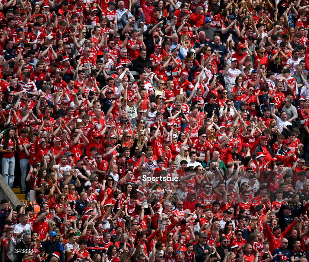 26 April 2026; Cork supporters celebrate a 21st minute goal during the Munster GAA Senior Hurling Championship Round 2 match between Cork and Limerick at SuperValu Páirc Uí Chaoimh in Cork. Photo by Ray McManus/Sportsfile