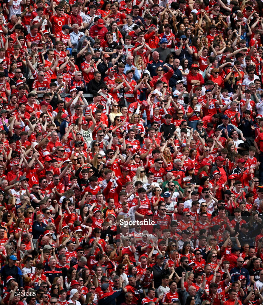 26 April 2026; Cork supporters celebrate a 21st minute goal during the Munster GAA Senior Hurling Championship Round 2 match between Cork and Limerick at SuperValu Páirc Uí Chaoimh in Cork. Photo by Ray McManus/Sportsfile