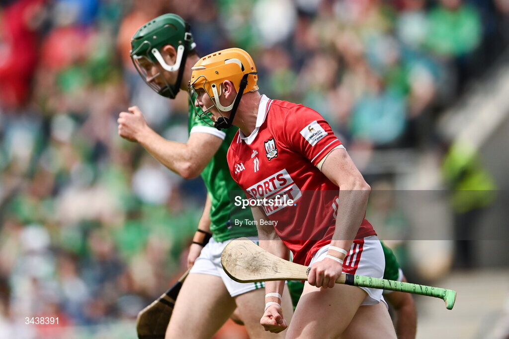 26 April 2026; Shane Barrett of Cork celebrates after scoring his side's first goal during the Munster GAA Senior Hurling Championship Round 2 match between Cork and Limerick at SuperValu Páirc Uí Chaoimh in Cork. Photo by Tom Beary/Sportsfile