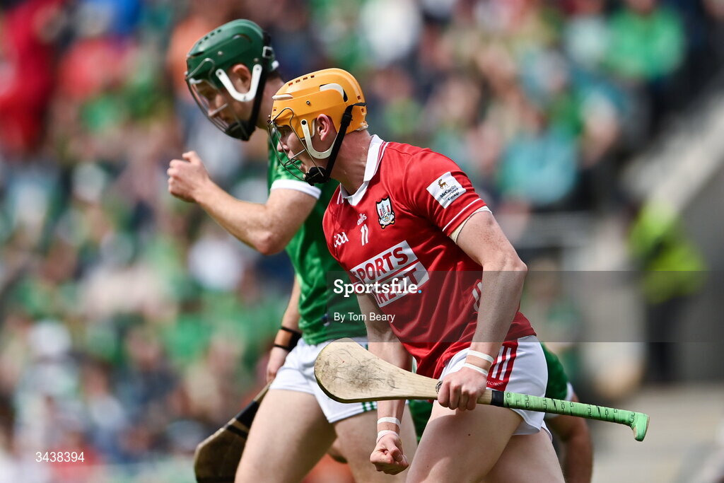 26 April 2026; Shane Barrett of Cork celebrates after scoring his side's first goal during the Munster GAA Senior Hurling Championship Round 2 match between Cork and Limerick at SuperValu Páirc Uí Chaoimh in Cork. Photo by Tom Beary/Sportsfile