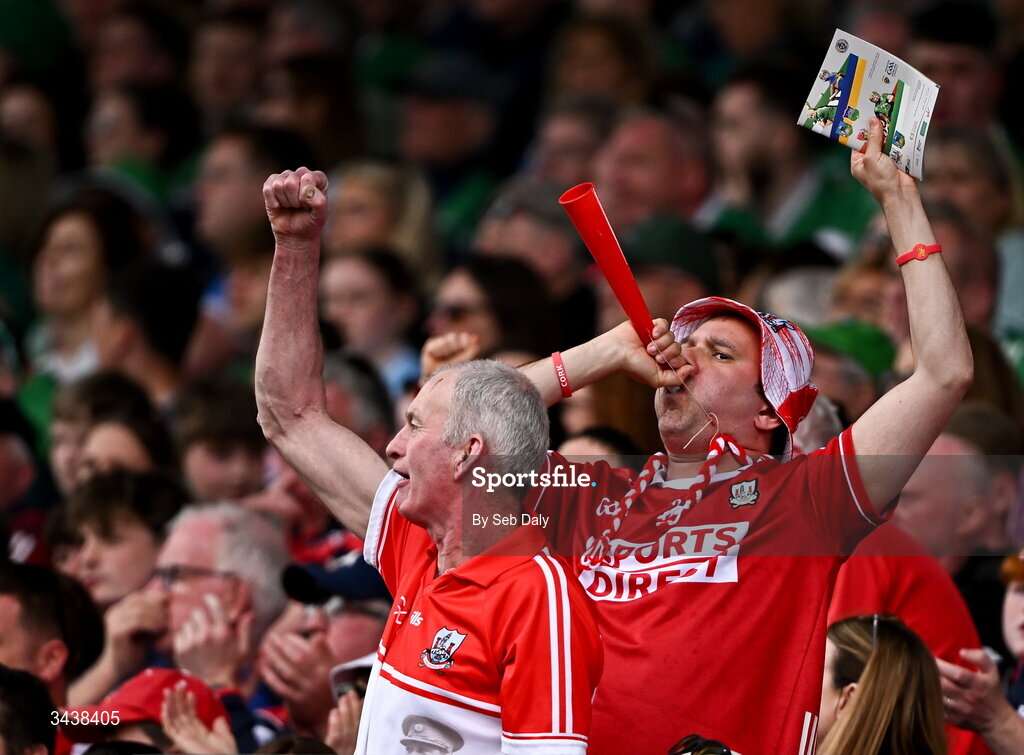 26 April 2026; Cork supporters celebrate during the Munster GAA Senior Hurling Championship Round 2 match between Cork and Limerick at SuperValu Páirc Uí Chaoimh in Cork. Photo by Seb Daly/Sportsfile