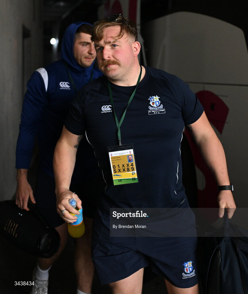26 April 2026; Thomas O'Reilly of St Mary's College RFC arrives before the Energia Men's All-Ireland League Division 1A final match between Clontarf FC and St Mary's College RFC at the Aviva Stadium in Dublin. Photo by Brendan Moran/Sportsfile