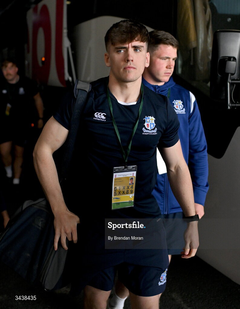 26 April 2026; Zack Hopkins of St Mary's College RFC arrives before the Energia Men's All-Ireland League Division 1A final match between Clontarf FC and St Mary's College RFC at the Aviva Stadium in Dublin. Photo by Brendan Moran/Sportsfile