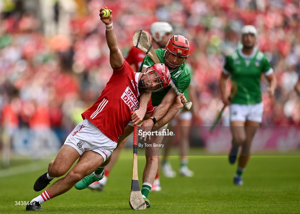 26 April 2026; William Buckley of Cork is tackled by Barry Nash of Limerick during the Munster GAA Senior Hurling Championship Round 2 match between Cork and Limerick at SuperValu Páirc Uí Chaoimh in Cork. Photo by Tom Beary/Sportsfile