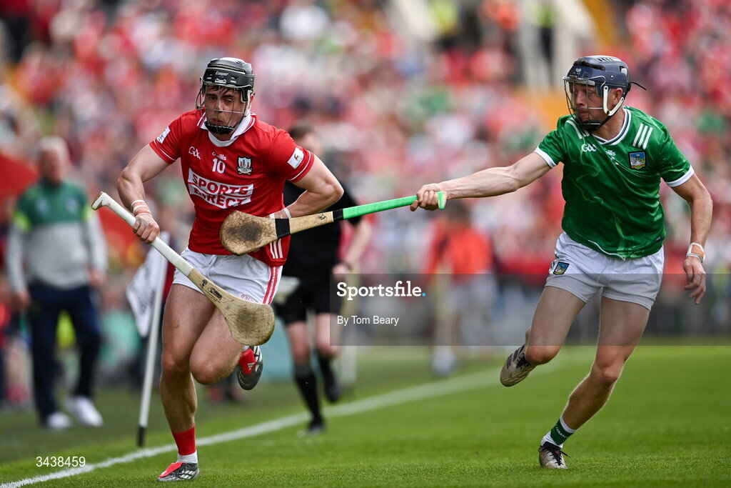 26 April 2026; Darragh Fitzgibbon of Cork is tackled by David Reidy of Limerick during the Munster GAA Senior Hurling Championship Round 2 match between Cork and Limerick at SuperValu Páirc Uí Chaoimh in Cork. Photo by Tom Beary/Sportsfile