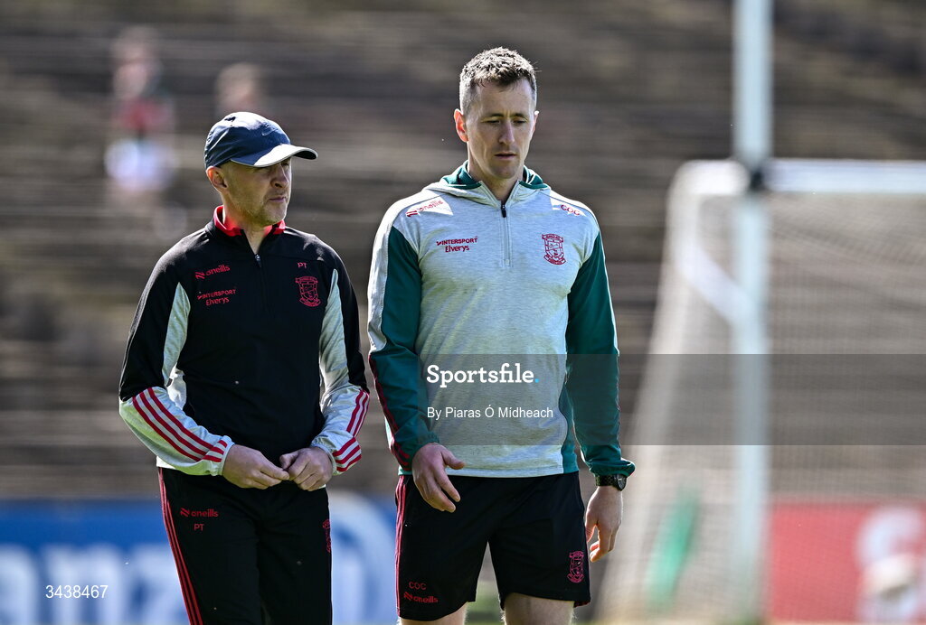 26 April 2026; Cillian O'Connor of Mayo, right, with Mayo coach Paddy Tally before the Connacht GAA Football Senior Championship semi-final match between Mayo and Roscommon at Hastings Insurance MacHale Park in Castlebar, Mayo. Photo by Piaras Ó Mídheach/Sportsfile