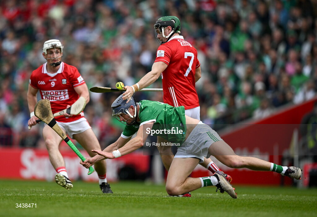 26 April 2026; David Reidy of Limerick is tackled by Mark Coleman of Cork during the Munster GAA Senior Hurling Championship Round 2 match between Cork and Limerick at SuperValu Páirc Uí Chaoimh in Cork. Photo by Ray McManus/Sportsfile