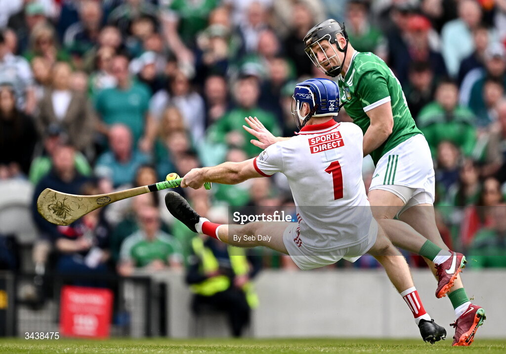 26 April 2026; Cork goalkeeper Patrick Collins saves a shot from Limerick's Peter Casey during the Munster GAA Senior Hurling Championship Round 2 match between Cork and Limerick at SuperValu Páirc Uí Chaoimh in Cork. Photo by Seb Daly/Sportsfile