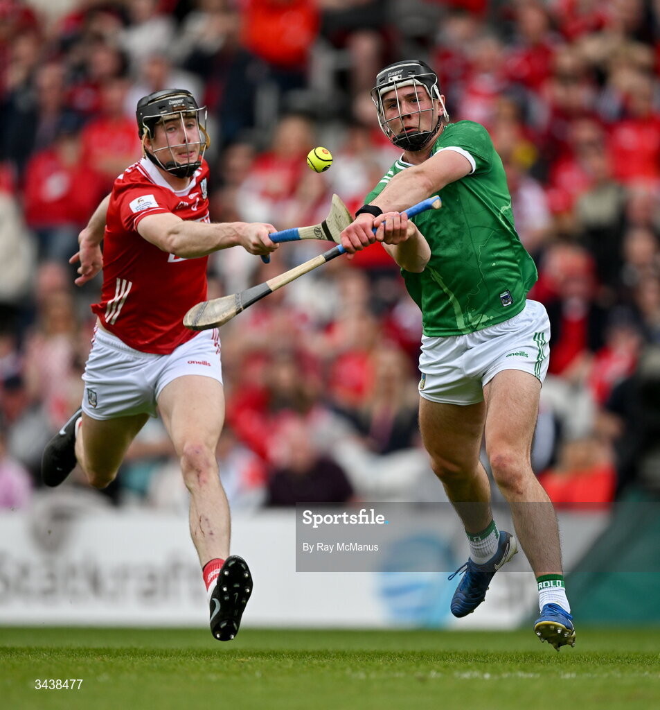 26 April 2026; Aidan O'Connor of Limerick is tackled by Robert Downey of Cork during the Munster GAA Senior Hurling Championship Round 2 match between Cork and Limerick at SuperValu Páirc Uí Chaoimh in Cork. Photo by Ray McManus/Sportsfile