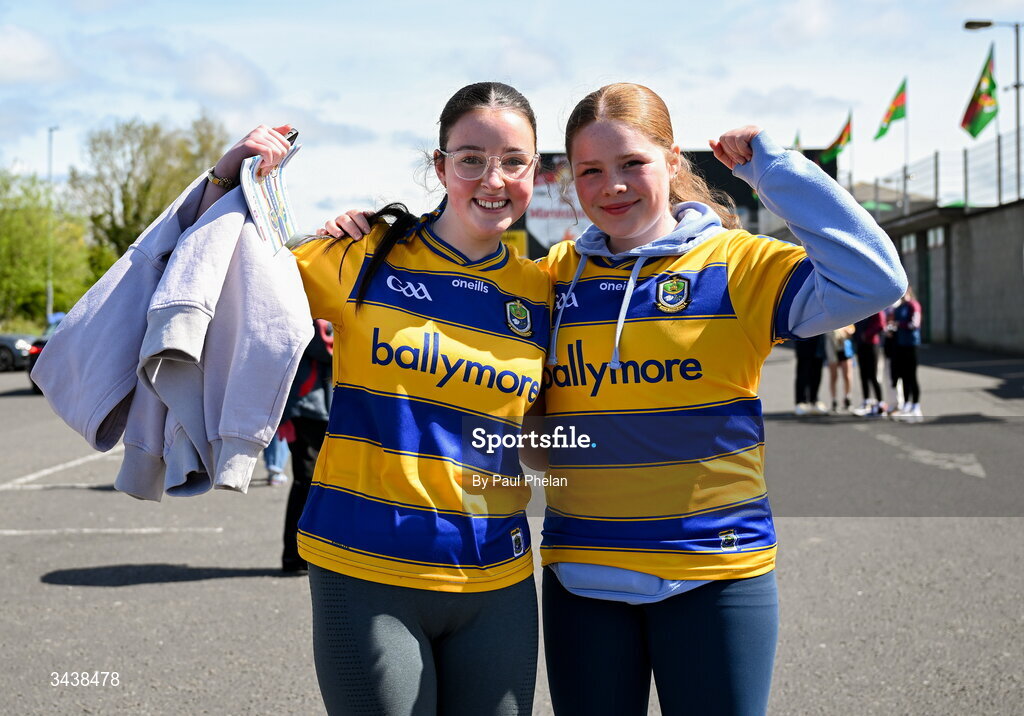 26 April 2026; Roscommon supporters Chloe Boner and Anna Wasson before the Connacht GAA Football Senior Championship semi-final match between Mayo and Roscommon at Hastings Insurance MacHale Park in Castlebar, Mayo. Photo by Paul Phelan/Sportsfile