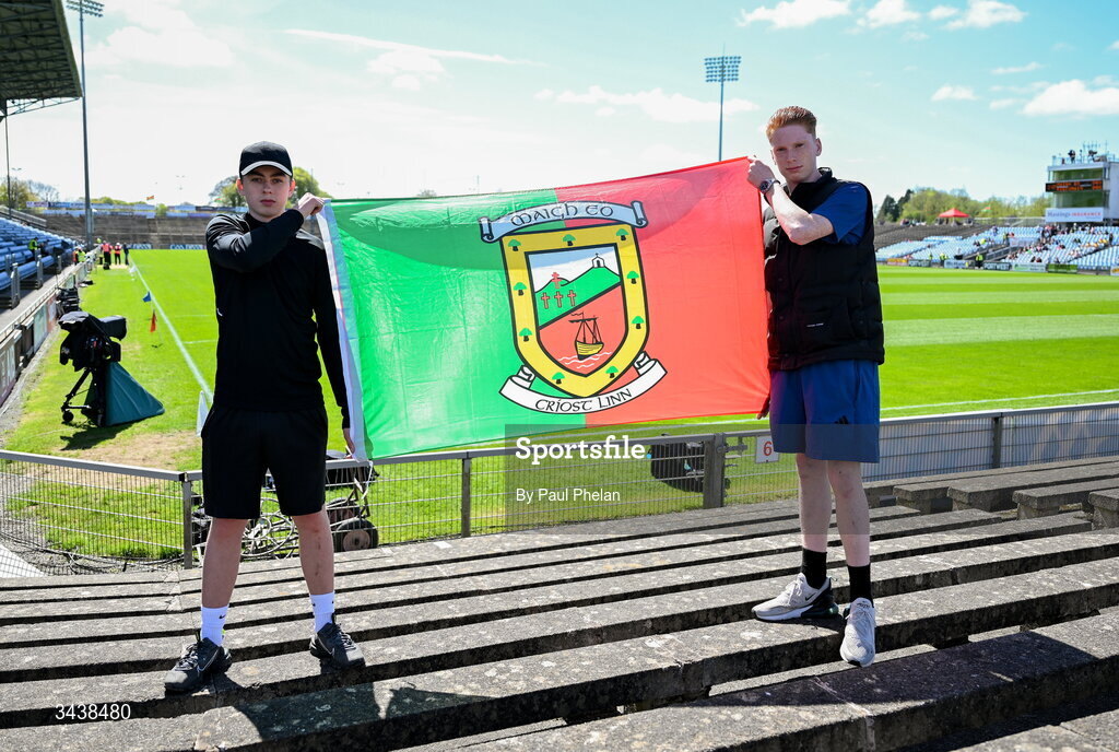 26 April 2026; Mayo supporters Jamie and Jamseie Maughan before the Connacht GAA Football Senior Championship semi-final match between Mayo and Roscommon at Hastings Insurance MacHale Park in Castlebar, Mayo. Photo by Paul Phelan/Sportsfile
