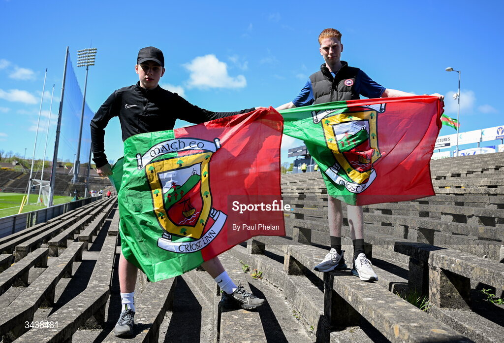 26 April 2026; Mayo supporters Jamie and Jamseie Maughan before the Connacht GAA Football Senior Championship semi-final match between Mayo and Roscommon at Hastings Insurance MacHale Park in Castlebar, Mayo. Photo by Paul Phelan/Sportsfile