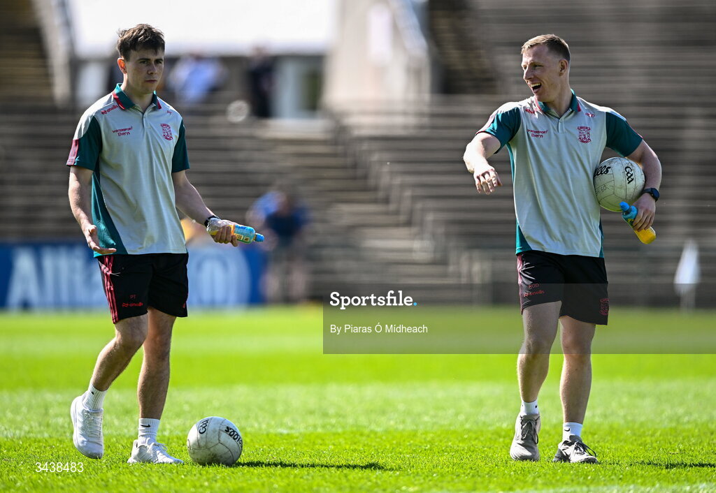 26 April 2026; Mayo footballers Ryan O'Donoghue, right, and Paul Towey before the Connacht GAA Football Senior Championship semi-final match between Mayo and Roscommon at Hastings Insurance MacHale Park in Castlebar, Mayo. Photo by Piaras Ó Mídheach/Sportsfile