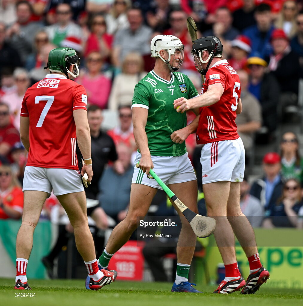 26 April 2026; Kyle Hayes of Limerick and Eoin Downey of Cork, 5, face each other during the Munster GAA Senior Hurling Championship Round 2 match between Cork and Limerick at SuperValu Páirc Uí Chaoimh in Cork. Photo by Ray McManus/Sportsfile