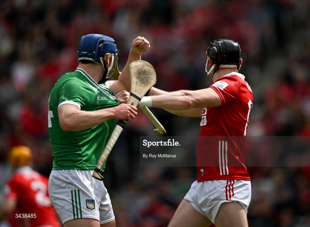 26 April 2026; Shane O'Brien of Limerick and Damien Cahalane of Cork jostle during the Munster GAA Senior Hurling Championship Round 2 match between Cork and Limerick at SuperValu Páirc Uí Chaoimh in Cork. Photo by Ray McManus/Sportsfile