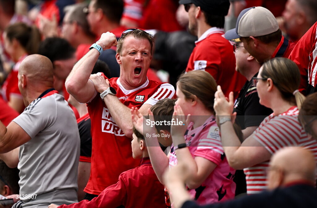 26 April 2026; Cork supporters celebrate their side's second goal during the Munster GAA Senior Hurling Championship Round 2 match between Cork and Limerick at SuperValu Páirc Uí Chaoimh in Cork. Photo by Seb Daly/Sportsfile