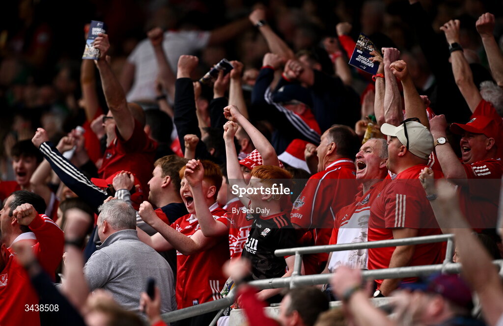 26 April 2026; Cork supporters celebrate their side's second goal during the Munster GAA Senior Hurling Championship Round 2 match between Cork and Limerick at SuperValu Páirc Uí Chaoimh in Cork. Photo by Seb Daly/Sportsfile