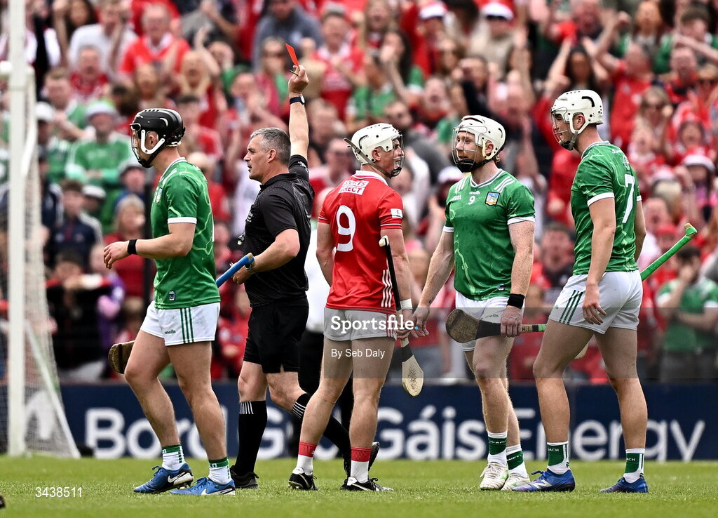 26 April 2026; Cian Lynch of Limerick, second from right, is shown a red card by referee James Owens during the Munster GAA Senior Hurling Championship Round 2 match between Cork and Limerick at SuperValu Páirc Uí Chaoimh in Cork. Photo by Seb Daly/Sportsfile