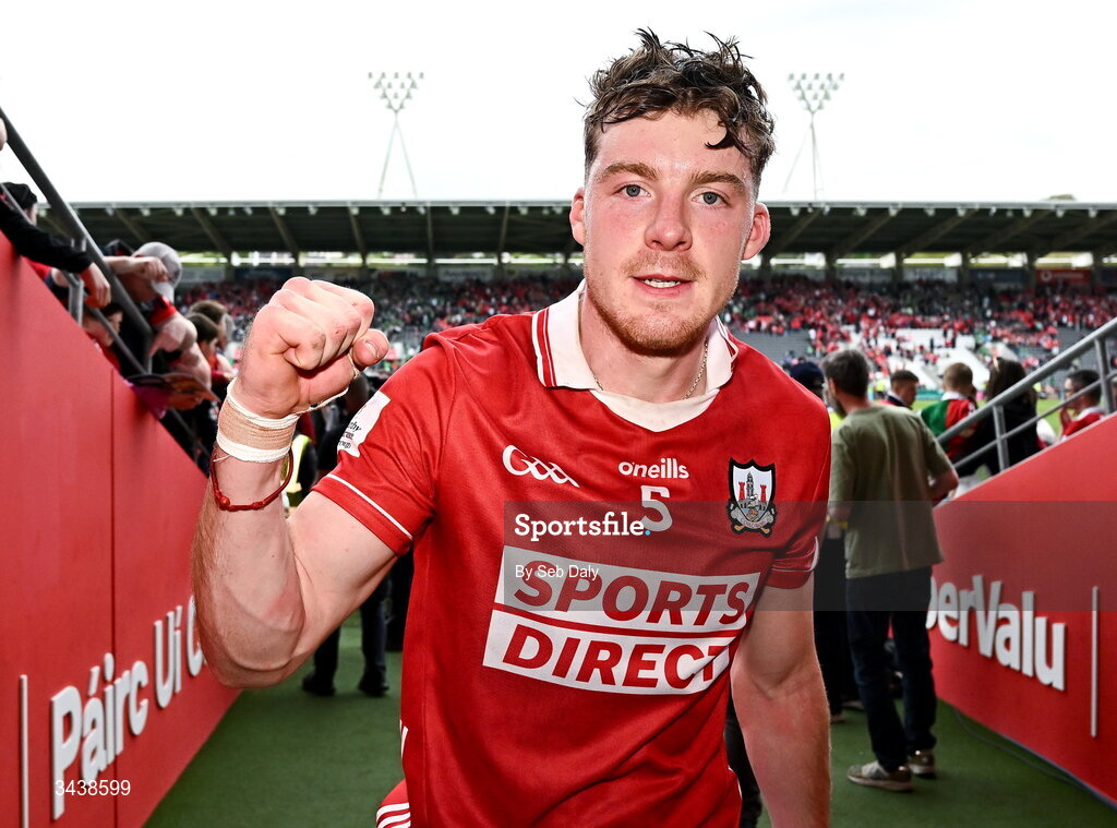 26 April 2026; Eoin Downey of Cork celebrates after his side's victory in the Munster GAA Senior Hurling Championship Round 2 match between Cork and Limerick at SuperValu Páirc Uí Chaoimh in Cork. Photo by Seb Daly/Sportsfile
