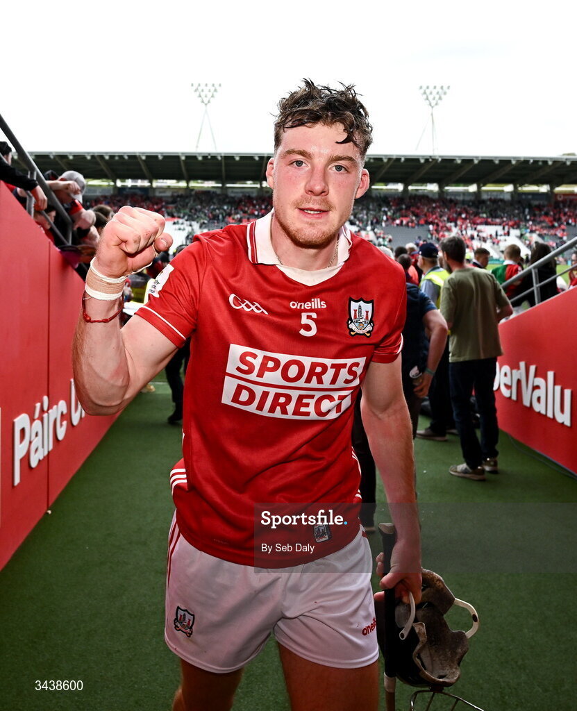 26 April 2026; Eoin Downey of Cork celebrates after his side's victory in the Munster GAA Senior Hurling Championship Round 2 match between Cork and Limerick at SuperValu Páirc Uí Chaoimh in Cork. Photo by Seb Daly/Sportsfile