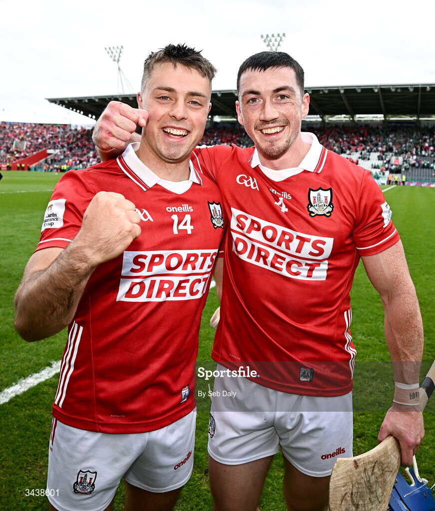 26 April 2026; Cork players William Buckley, left, and Seán O'Donoghue celebrate after their side's victory in the Munster GAA Senior Hurling Championship Round 2 match between Cork and Limerick at SuperValu Páirc Uí Chaoimh in Cork. Photo by Seb Daly/Sportsfile