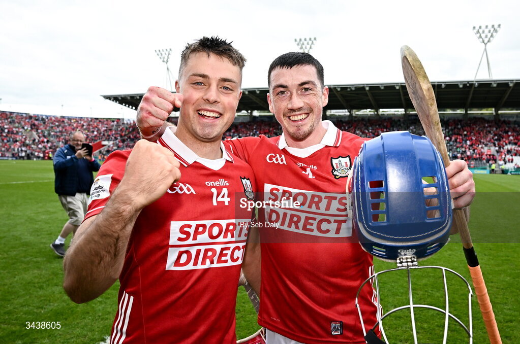 26 April 2026; Cork players William Buckley, left, and Seán O'Donoghue celebrate after their side's victory in the Munster GAA Senior Hurling Championship Round 2 match between Cork and Limerick at SuperValu Páirc Uí Chaoimh in Cork. Photo by Seb Daly/Sportsfile