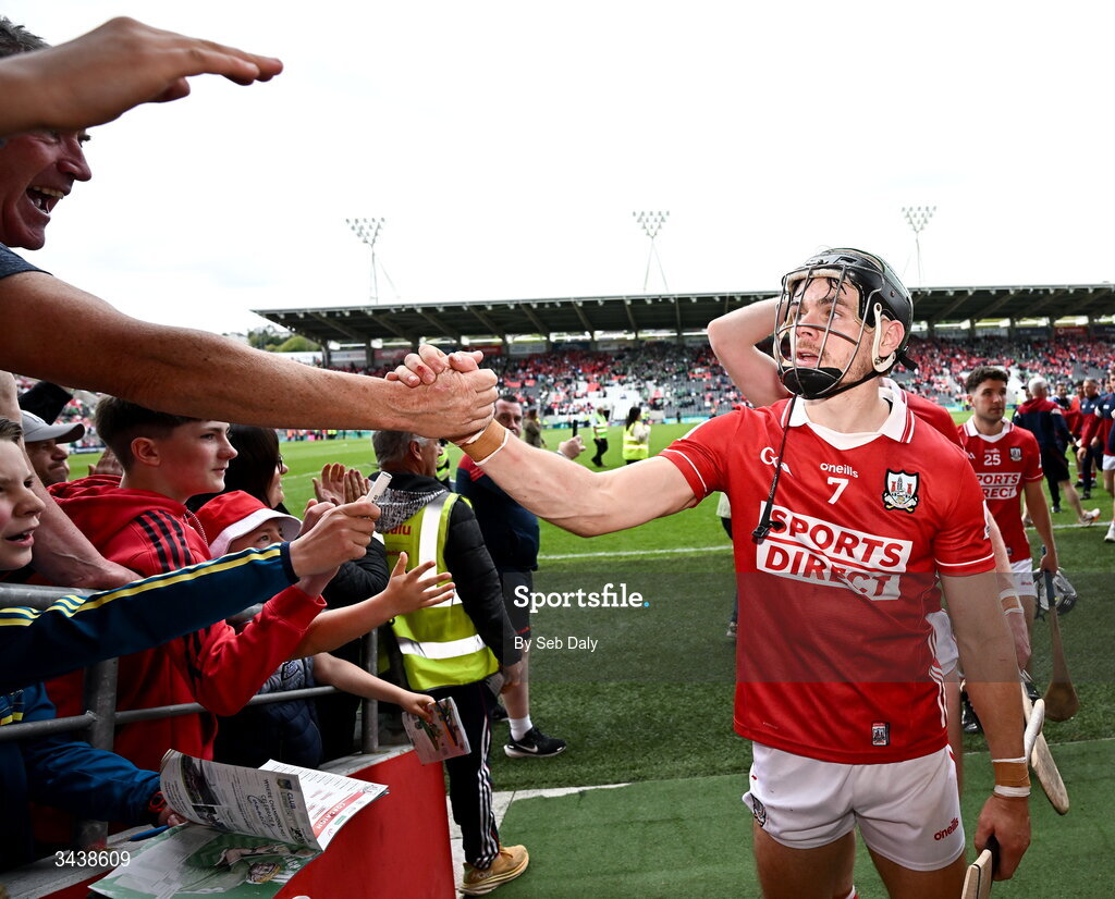 26 April 2026; Mark Coleman of Cork celebrates with supporters after their side's victory in the Munster GAA Senior Hurling Championship Round 2 match between Cork and Limerick at SuperValu Páirc Uí Chaoimh in Cork. Photo by Seb Daly/Sportsfile