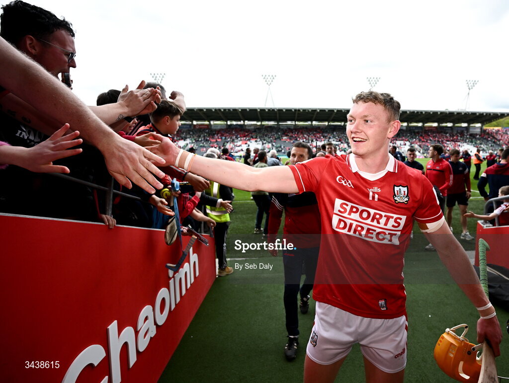26 April 2026; Shane Barrett of Cork celebrates with supporter after their side's victory in the Munster GAA Senior Hurling Championship Round 2 match between Cork and Limerick at SuperValu Páirc Uí Chaoimh in Cork. Photo by Seb Daly/Sportsfile