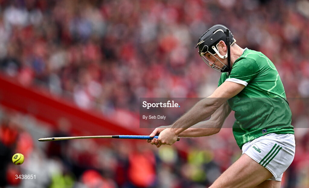 26 April 2026; Diarmaid Byrnes of Limerick scores his side's first goal during the Munster GAA Senior Hurling Championship Round 2 match between Cork and Limerick at SuperValu Páirc Uí Chaoimh in Cork. Photo by Seb Daly/Sportsfile