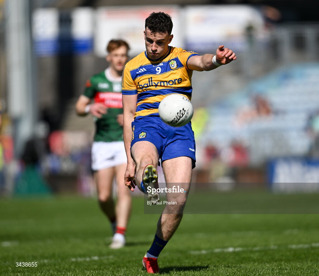 26 April 2026; Conor Ryan of Roscommon takes a shot during the Connacht GAA Football Senior Championship semi-final match between Mayo and Roscommon at Hastings Insurance MacHale Park in Castlebar, Mayo. Photo by Paul Phelan/Sportsfile