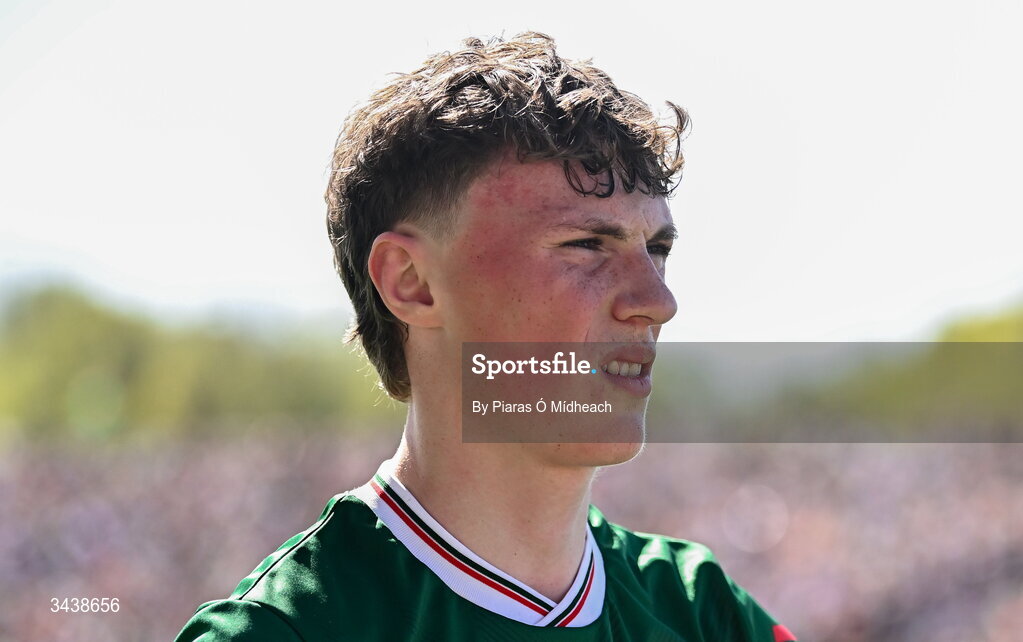 26 April 2026; Kobe McDonald of Mayo in the parade before the Connacht GAA Football Senior Championship semi-final match between Mayo and Roscommon at Hastings Insurance MacHale Park in Castlebar, Mayo. Photo by Piaras Ó Mídheach/Sportsfile