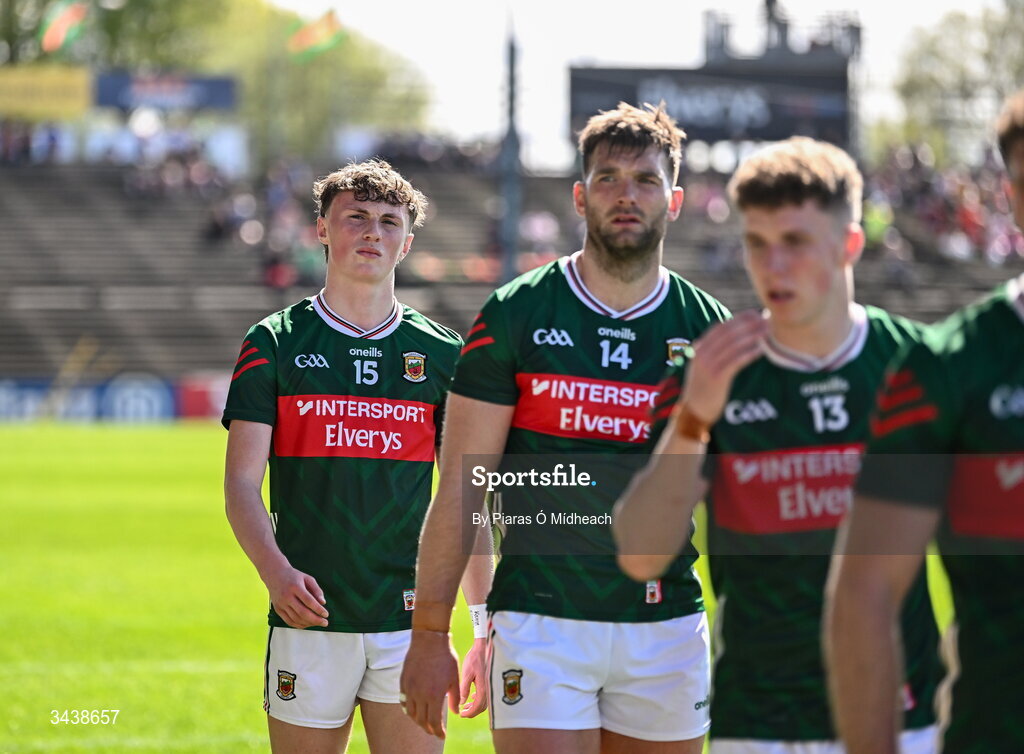 26 April 2026; Kobe McDonald of Mayo, 15, in the parade before the Connacht GAA Football Senior Championship semi-final match between Mayo and Roscommon at Hastings Insurance MacHale Park in Castlebar, Mayo. Photo by Piaras Ó Mídheach/Sportsfile