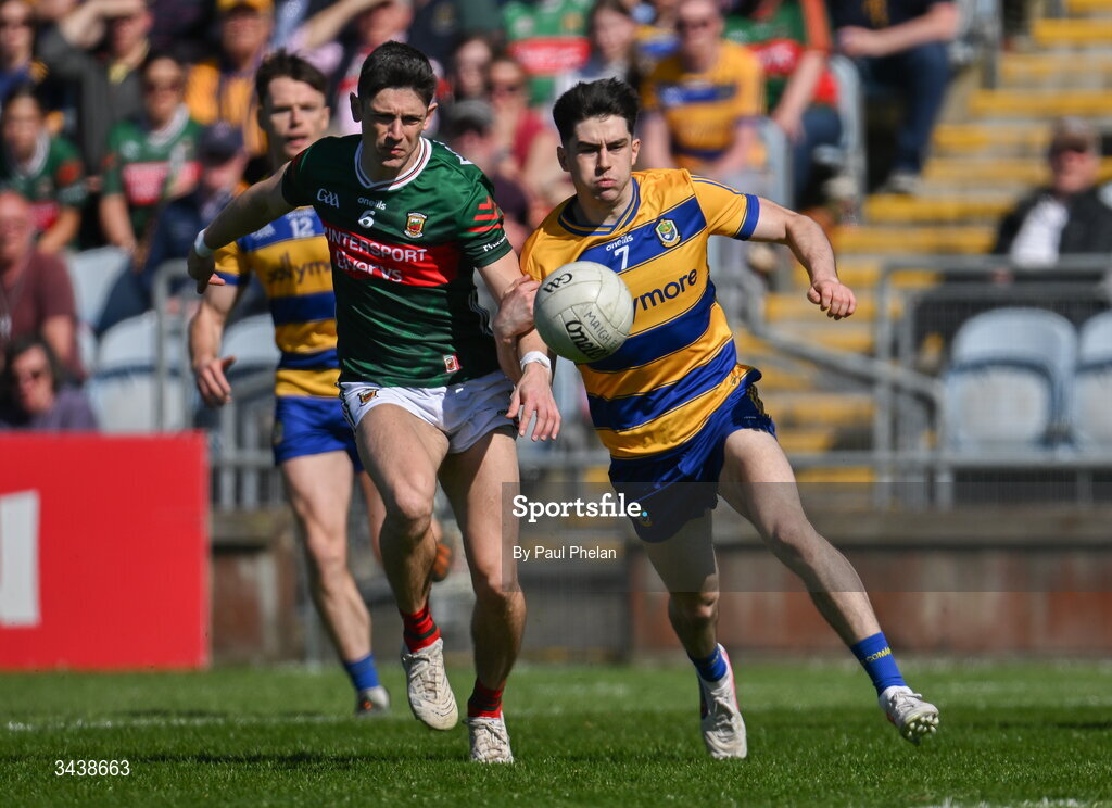 26 April 2026; Conor Loftus of Mayo in action against Senan Lambe of Roscommon  during the Connacht GAA Football Senior Championship semi-final match between Mayo and Roscommon at Hastings Insurance MacHale Park in Castlebar, Mayo. Photo by Paul Phelan/Sportsfile